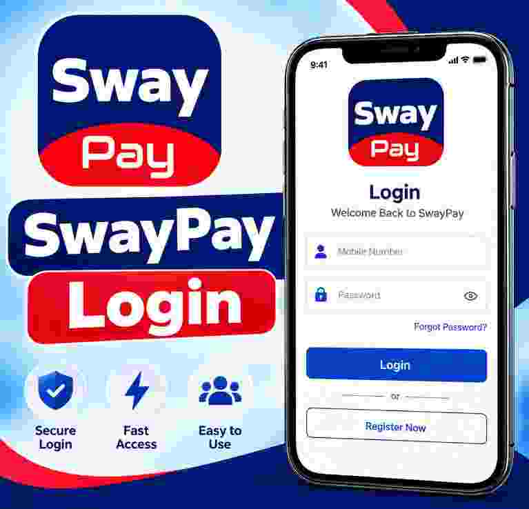 SwayPay Welcome Back login screen with mobile number or email, password, Login button and Forgot Password link