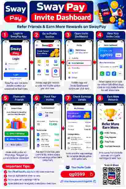 SwayPay Team invite dashboard showing referral link, commission stats, Telegram Facebook WhatsApp share options and Level B Level C team rewards